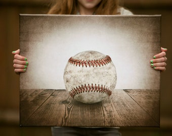 Vintage Baseball Photo Print, Rustic Barnwood Canvas, Kids Room Decor
