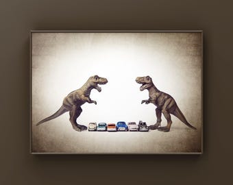 T-Rex and Cars Photo Print, Dinosaur Art, Boys Room Decor