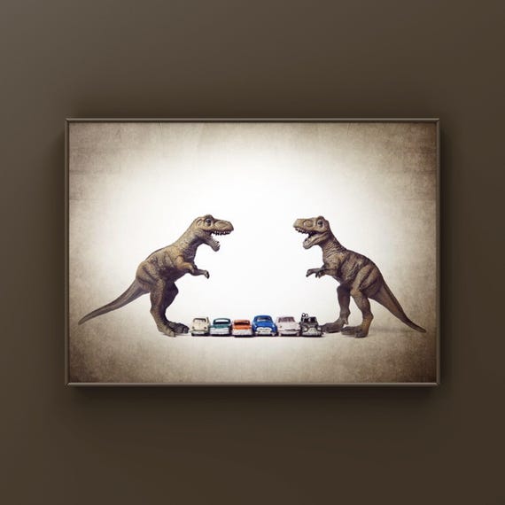 T-Rex and Cars Photo Print, Dinosaur Art, Boys Room Decor