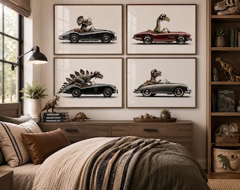 Dinos in Cars Photo Prints, Dino Nursery Decor, Set of 4