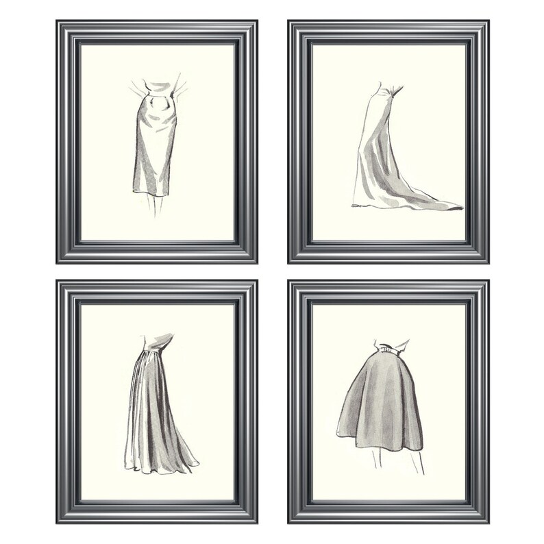 ON SALE Vintage Fashion Sketches Set of Four Photo Prints, Girls Room decor, nursery decor, neutral tones, grey, cream image 2