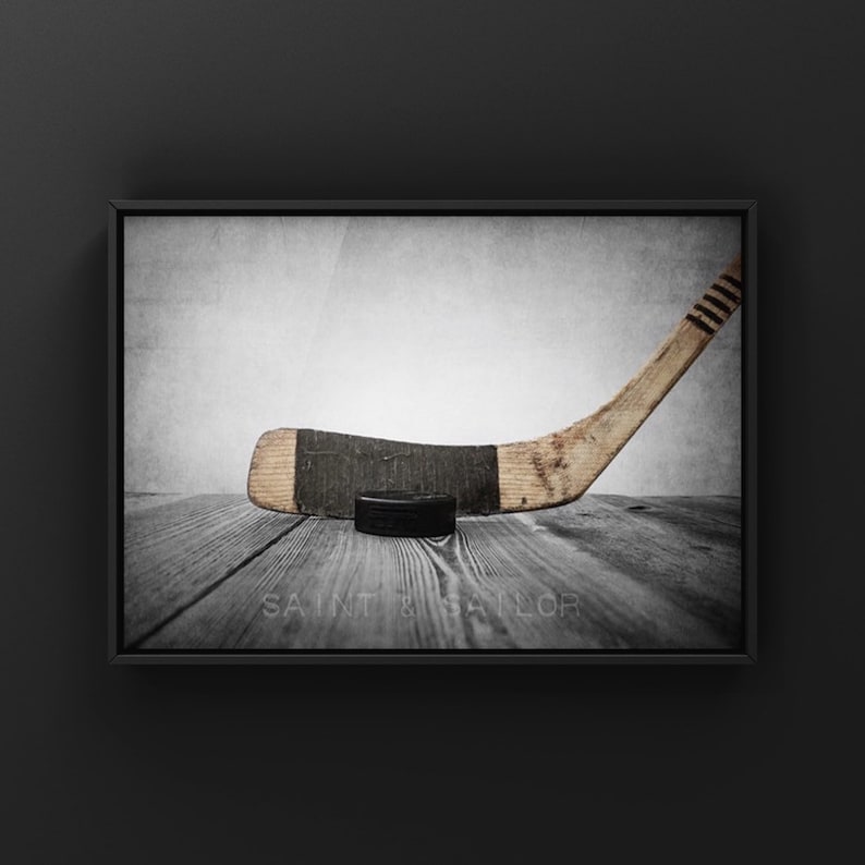 Vintage Hockey Stick and Puck on wall art, Ice hockey wall art, hockey prints, hockey decor Vintage Grey