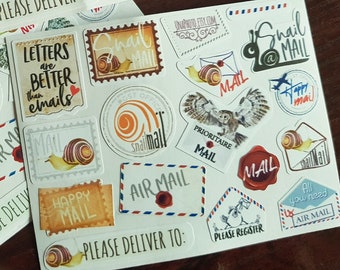 16 mini stickers SnailMail and Happy Mailing Prioritaire mail stickers - Postcard or Packing label Post Set