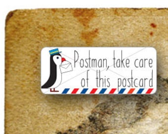 Set of 12 Postman, take care of this postcard stickers for Postcrossers with penguin, planners, child activities or scrap booking stickers.