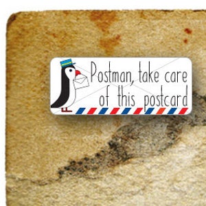 Set of 12 Postman, take care of this postcard stickers for Postcrossers with penguin, planners, child activities or scrap booking stickers.