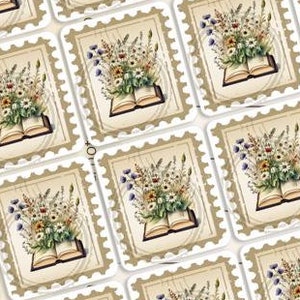 Juego de 10 sellos divertidos con pegatinas de flores silvestres y libros para amantes de la papelería o fanáticos de Postcrossing.