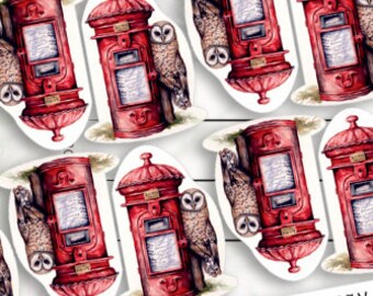 Set of 12 Owl and red Mailbox Prioritaire postcard stickers for Postcrossing fans