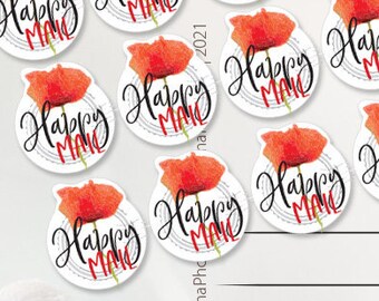 Oriental poppy Stamp stickers HAPPY MAIL Prioritaire Postcard or Packing label Post Set