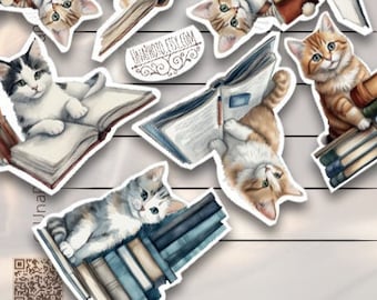 Set of 12 CAT and books priority mail stickers for Postcrossing lovers, planners, child activities or scrap booking stickers