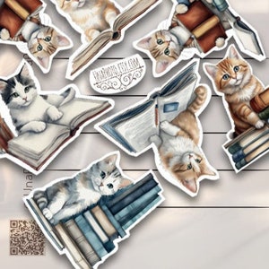 Set aus 12 KATZEN und Büchern Priority Mail Aufklebern für Postcrossing Liebhaber, Planer, Kinderaktivitäten oder Scrapbooking Aufkleber