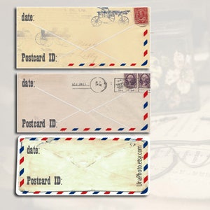 enveloppes vintage Autocollants d'identification de carte postale et de DATE. Lot de 12 stickers pour cartes postales Postcrossing.