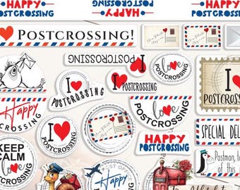 May include: A collection of postcards and stickers with a postcrossing theme. The stickers feature phrases like "I Love Postcrossing" and "Happy Postcrossing" in red, white, and blue. The postcards have a vintage aesthetic.