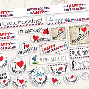 22 Mini Aufkleber Happy Postcrossing Briefaufkleber Set Prioritaire Post - Postkarte oder Verpackungsetikett