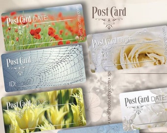 Set van 12 Flower Postcard ID en DATE stickers voor Postcrossing liefhebbers.