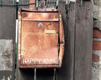 Happy MAIL box, Post box, Rustic letter box postcard. Postcard for Postcrossing fans