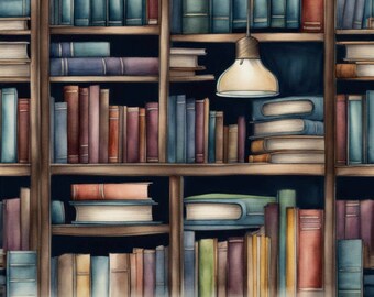 Bookshelf in home library Postcard for Postcrossing fans Fine Art color pencil drawing books