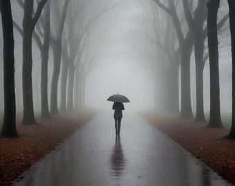 Pluie d'automne dans le parc. Parapluie noir beaux-arts et étranger solitaire pour les fans de Postcrossing