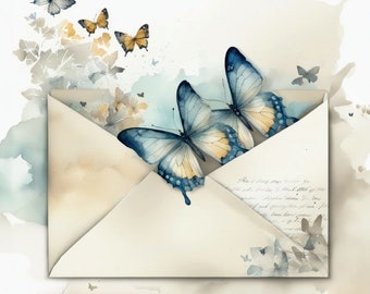 Blue butterflies and vintage envelope watercolor and ink. Postcard for Postcrossing lovers - mixed media art Summer Seaside print