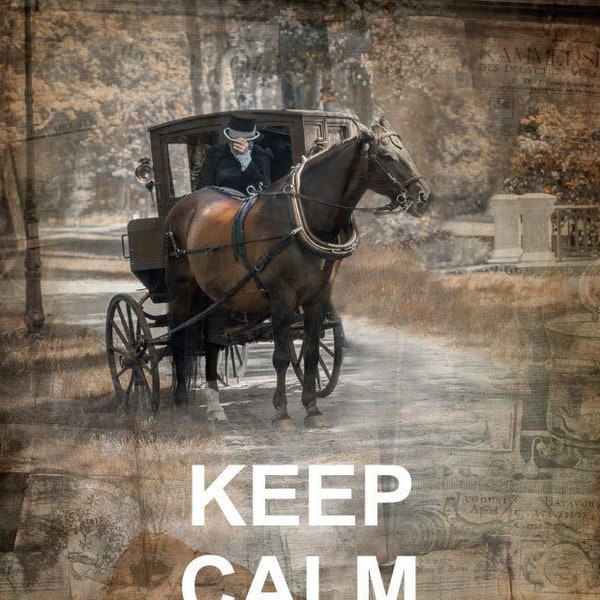 Post horse KEEP CALM and go vintage. Mail cart, stagecoach, chaise. Postcard for Postcrossing fans