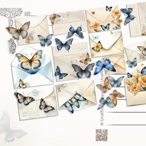 Set de 14 mini pegatinas de mariposas y sobres Prioritaire Post - Etiqueta para postal o embalaje