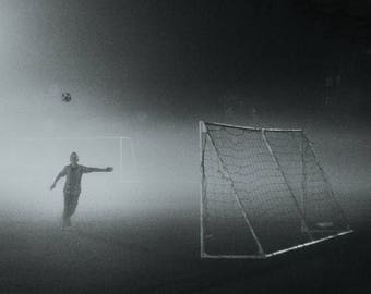 Soccer in the fog, B/W postcard for Postcrossing fans