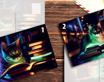 Cats with books in neon lights postcards  for Postcrossing fans. Fine art pet photography or Canvas Print