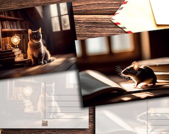 Cat and Mouse in a Sunlit Attic Window postcards  for Postcrossing fans. Fine art pet photography