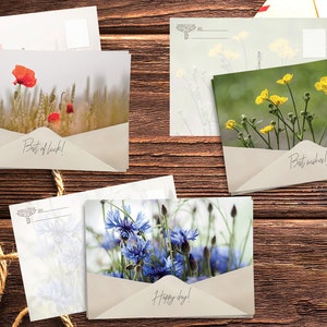 Jeu de cartes postales avec photographies d'art dans une enveloppe Happy day pour Postcrossing. Choisissez vos fleurs préférées