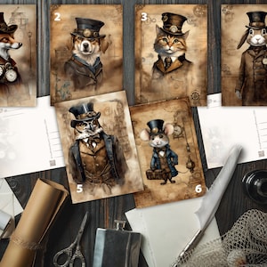 Steampunk Tier Postbote Postkarten für Post und Postcrossing Fans. Aquarell und Tusche sepia Zeichnung