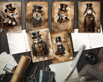 Steampunk animal Postman post cards for snail mail and Postcrossing fans. Watercolor and ink sepia drawing