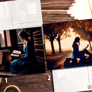 Une jeune femme a lu des livres dans des cartes postales de bibliothèque pour les fans de Postcrossing. Photographie de livres d'art