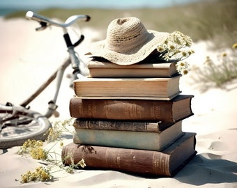 L'ambiance estivale au bord de la mer avec des livres, des cartes postales de chapeaux et de vélos, carte postale d'enfance pour les fans de Postcrossing