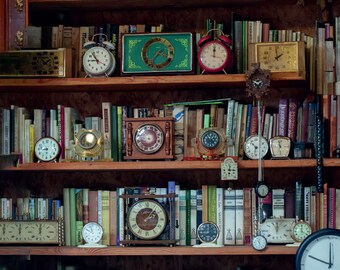 Clock collector's bookshelf Postcard for Postcrossing fans Fine Art book Photograph or Canvas Print