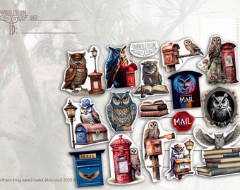 Set of 16 Owl Postman and Mailbox Priorities postcard stickers sheet for Postcrossing fans