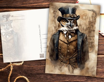 Steampunk Owl Postman post cards for snail mail and Postcrossing fans. Watercolor and ink sepia drawing
