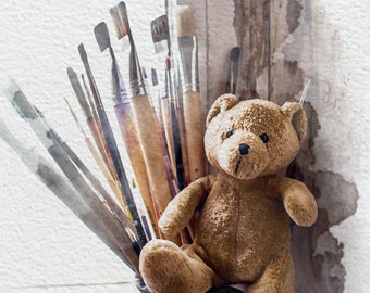 Watercolor Teddy Bear and brushes Postcard for Postcrossing fans. Fine Art Vintage toy Digital art or Canvas print