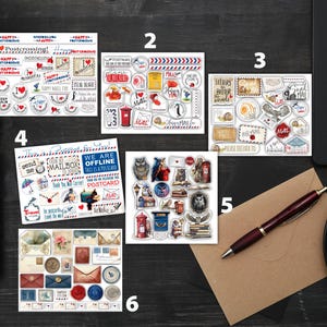 Peut inclure: Plusieurs planches d'autocollants avec des motifs postaux et de voyage. Les planches présentent diverses illustrations de boîtes aux lettres, de timbres, de hiboux, d'enveloppes et de cartes postales. La palette de couleurs comprend le rouge, le bleu et le marron.