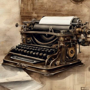 Cartes postales Steampunk Typewritter pour les fans de courrier postal et de Postcrossing. Dessin sépia à l'aquarelle et à l'encre