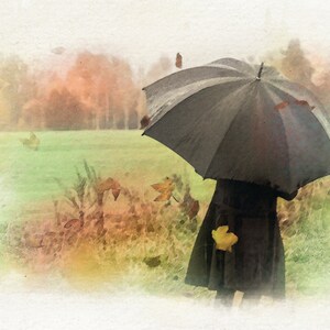 Der Herbst Regen Aquarell Postkarte. Fine Art Black Umbrella Zeichnung für Postcrossing Fans