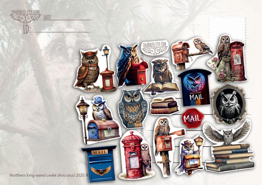 Set of 16 Owl Postman and Mailbox Priorities postcard stickers sheet for Postcrossing fans