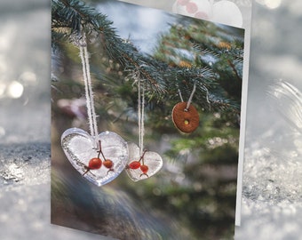 Red Winter berries and ice hearts. Bright Xmas greeting cards.