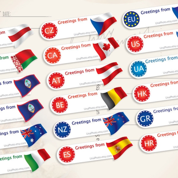 Pegatinas de bandera de identificación para postcrossing. Conjunto mínimo de 20 de cualquier país
