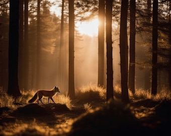Fox in Forest with Sun shadow light Postcards for Postcrossing fans.
