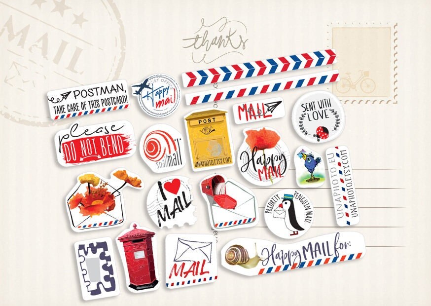 19 mini stickers mail set Prioritaire Post stickers - Postcard or Packing label