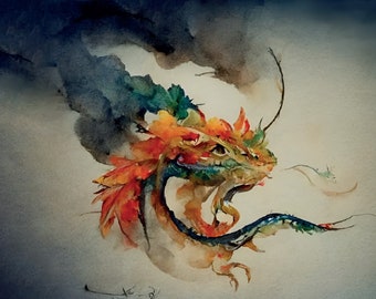 Watercolor Dragon symbol of 2024 Postcard for Postcrossing Digital Art Photography or Canvas Print
