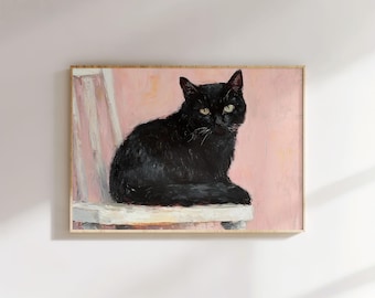 Pintura al óleo de gato negro rosa, arte mural bohemio (descarga digital)