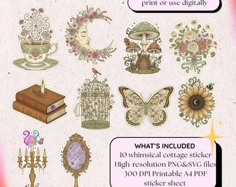 Hoja de pegatinas con estilo cottagecore y elementos vintage para agenda/diario (descarga digital)