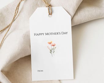 Printable Happy Mother's Day Tag, Minimal Flowers Gift Tag For Mom, Instant Download Mother's Day Favor Tags