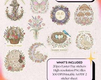 Hoja de pegatinas y etiquetas de regalo de Pascua con motivos originales / Pegatinas para agendas y diarios estilo cottagecore (descarga digital)