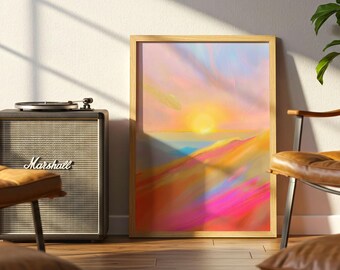 Impresión artística de montaña con atardecer de ensueño, póster de paisaje abstracto (descarga digital)